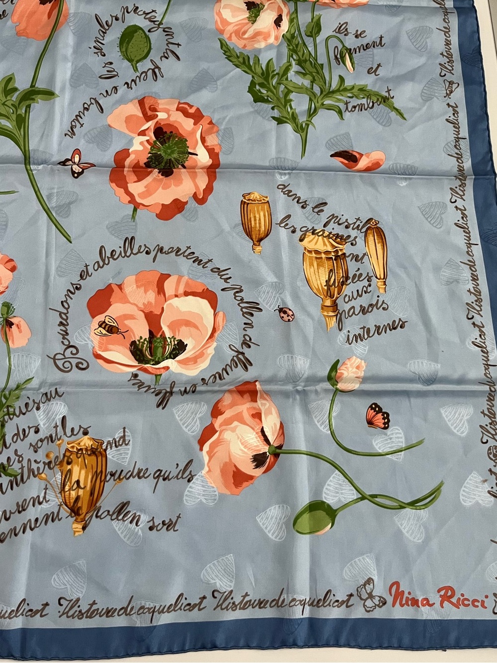 Nina Ricci Blue Scarf with Coral Floral Poppies - Picture 4 of 8
